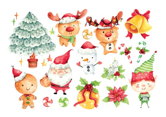 Christmas Cartoon Character Water Color Illustrations